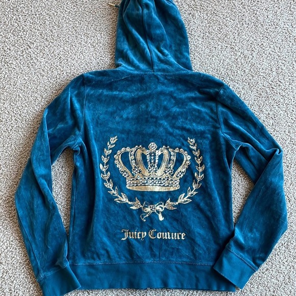 Juicy Couture Velour TrackSuit Zip hoodie medium teal bling rhinestone crown - Picture 2 of 6